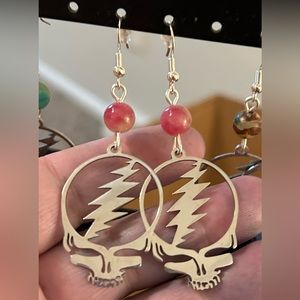 Grateful Dead Stealie hanging earrings with watermelon tourmaline bead. handmade